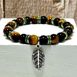 Handmade Feather Charm Bracelet with Natural Tiger Eye Stones!